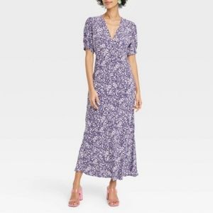 A New Day Purple Floral Crepe Puff Short Sleeve Midi Maxi Dress